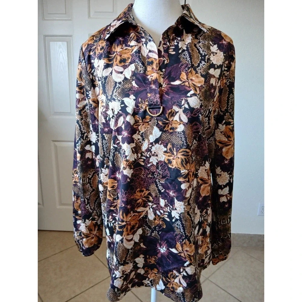 Marc New‎ York Women's Blouse Tunic Brown & Purple Floral Long Sleeve Bohemian